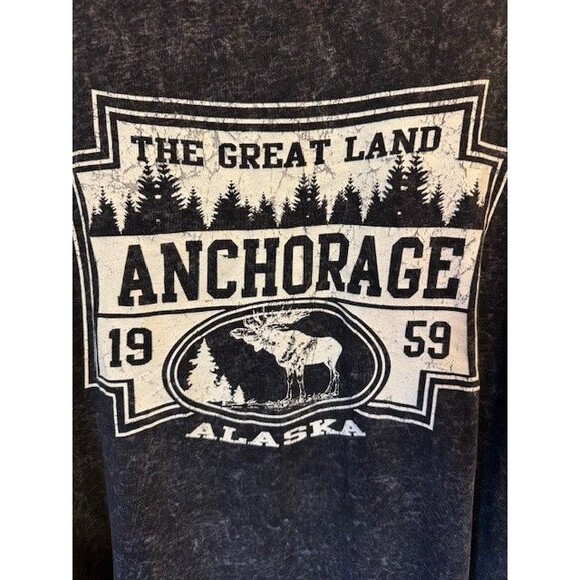 Great Land Anchorage Alaska Long Sleeve T Shirt US Vintage Black Bleach Dye XL - Picture 2 of 9